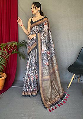Black Printed Cotton Saree Set