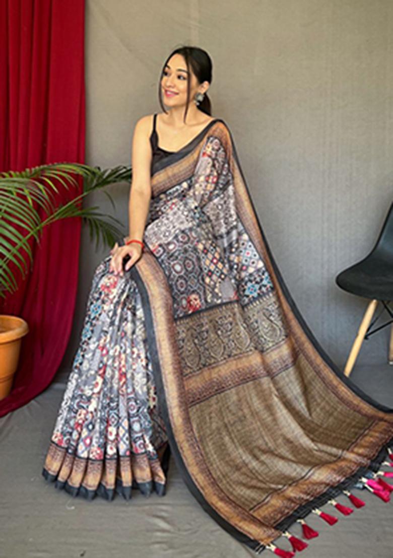 Black Printed Cotton Saree Set