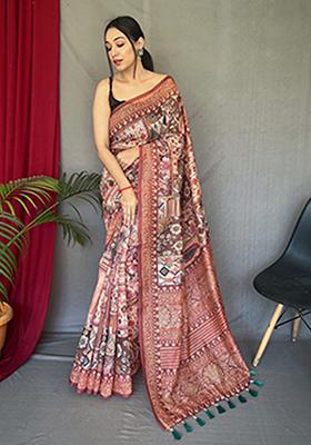 Red Printed Cotton Saree Set