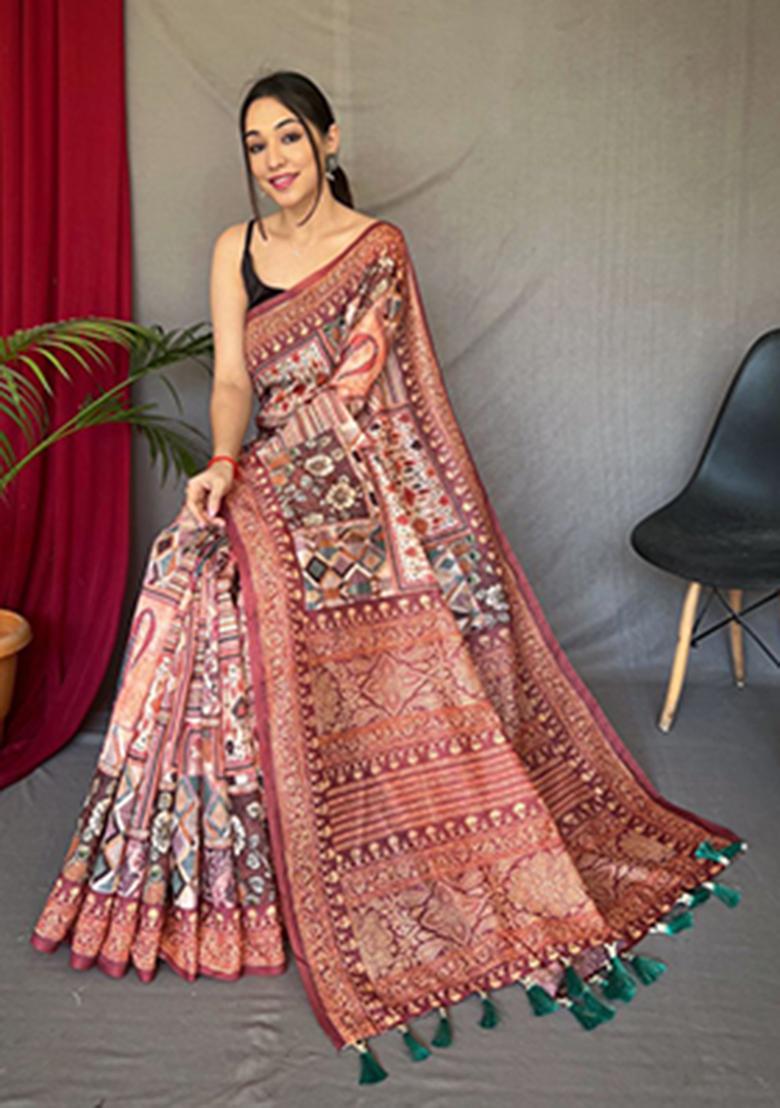 Red Printed Cotton Saree Set