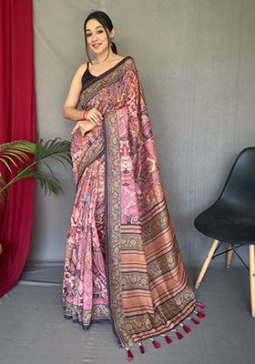 Peach Printed Cotton Saree Set