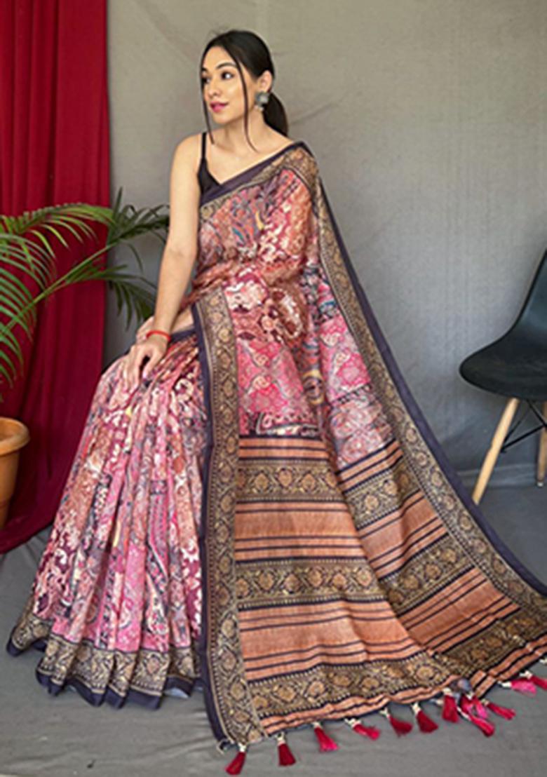 Peach Printed Cotton Saree Set