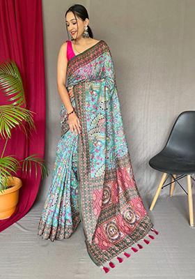 Blue Printed Cotton Saree Set