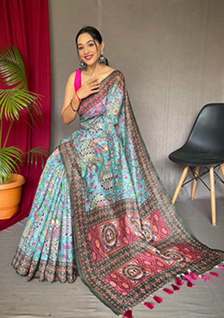 Blue Printed Cotton Saree Set