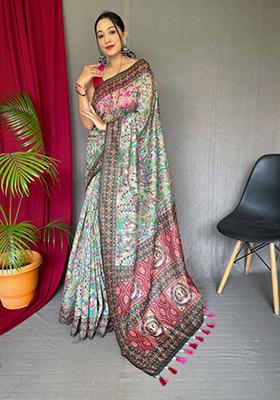 Green Printed Cotton Saree Set