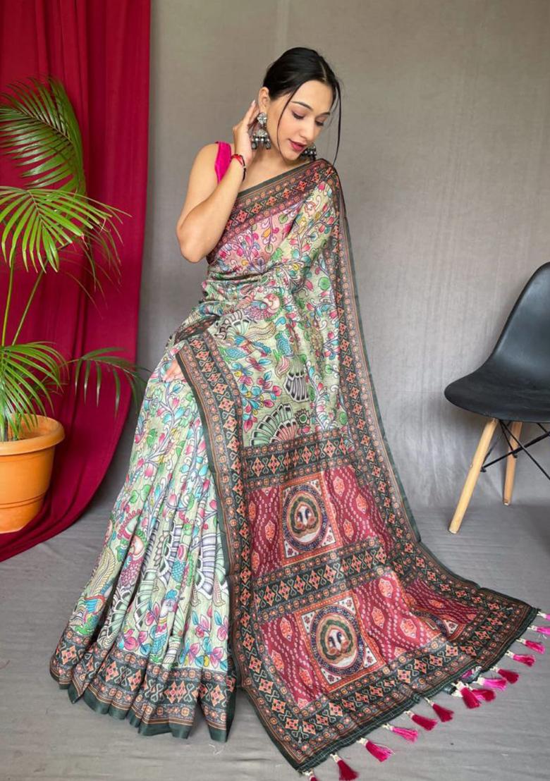 Green Printed Cotton Saree Set