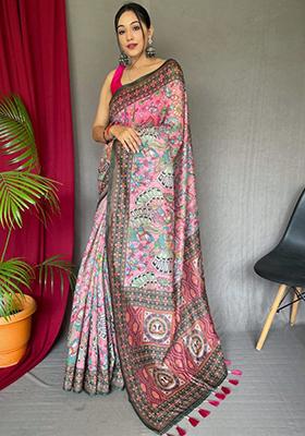 Pink Printed Cotton Saree Set