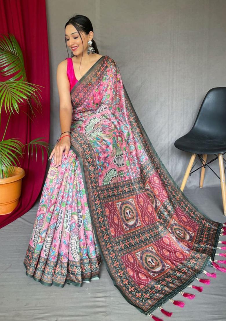 Pink Printed Cotton Saree Set