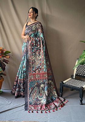 Blue Printed Cotton Saree Set