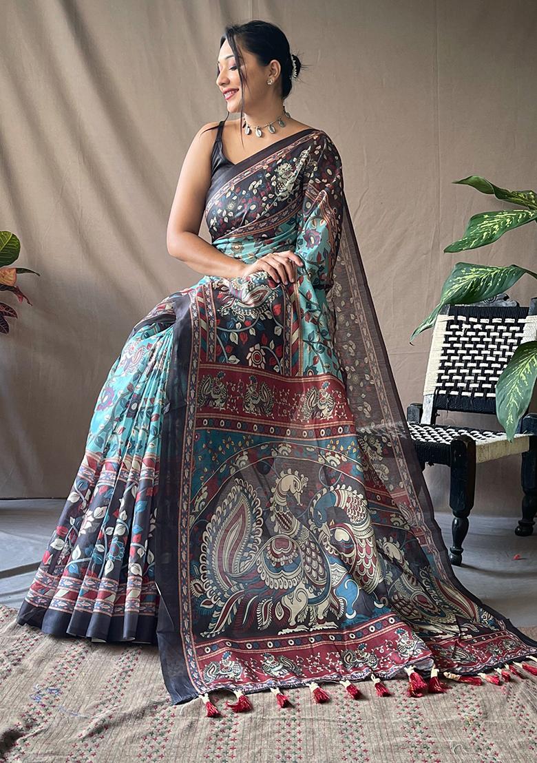 Blue Printed Cotton Saree Set