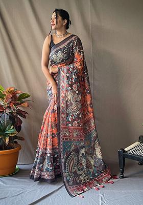 Orange Printed Cotton Saree Set