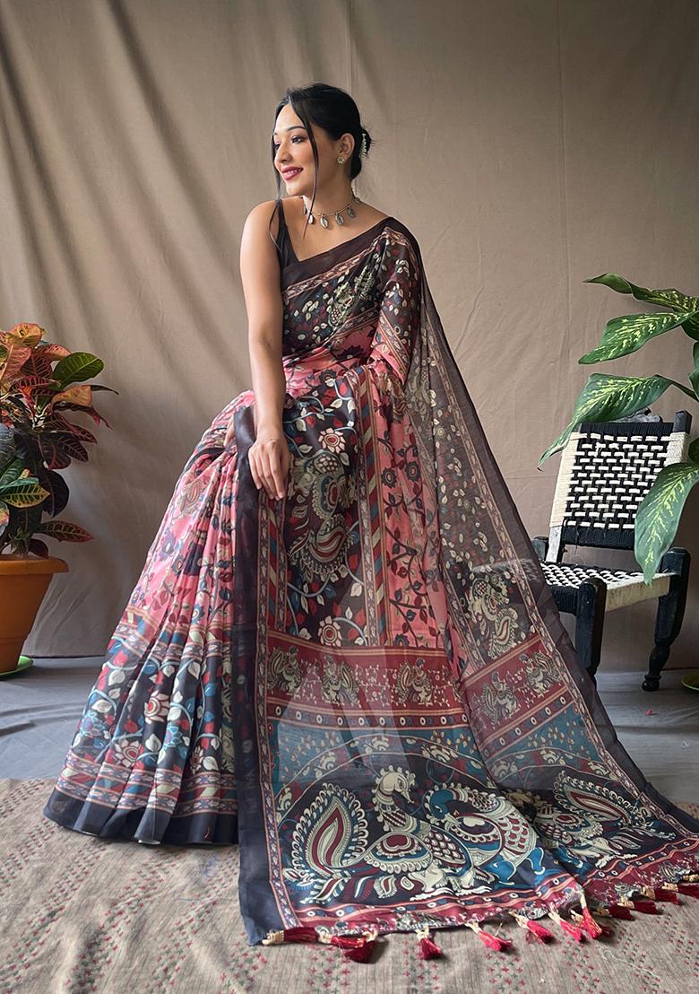 Pink Printed Cotton Saree Set