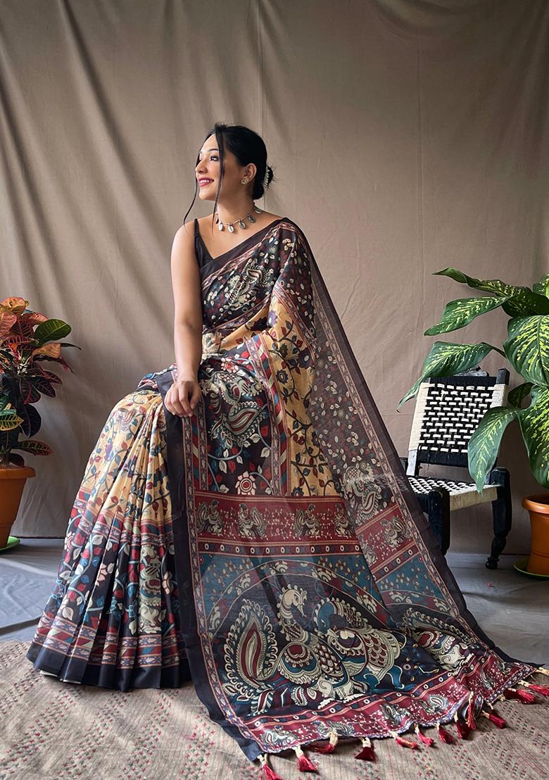 Yellow Printed Cotton Saree Set