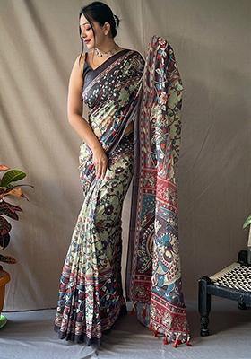 Green Printed Cotton Saree Set