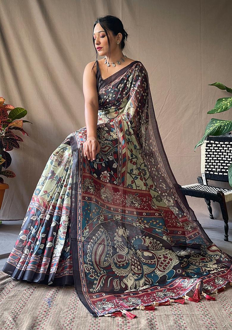 Green Printed Cotton Saree Set