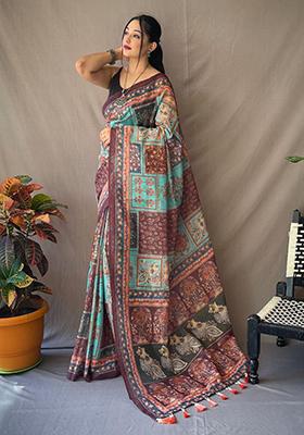 Blue Printed Cotton Saree Set