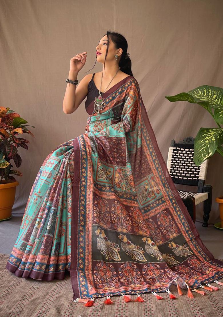 Blue Printed Cotton Saree Set