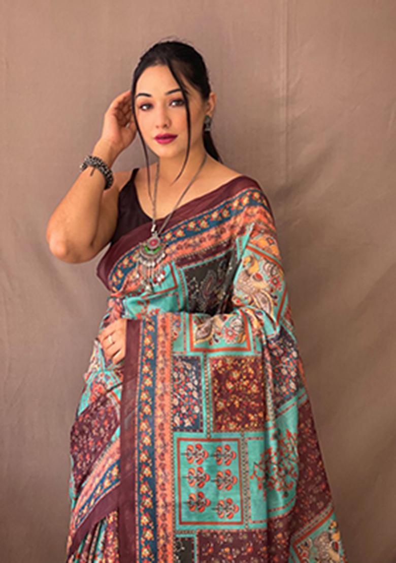 Blue Printed Cotton Saree Set