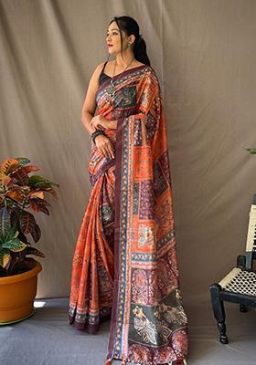 Orange Printed Cotton Saree Set