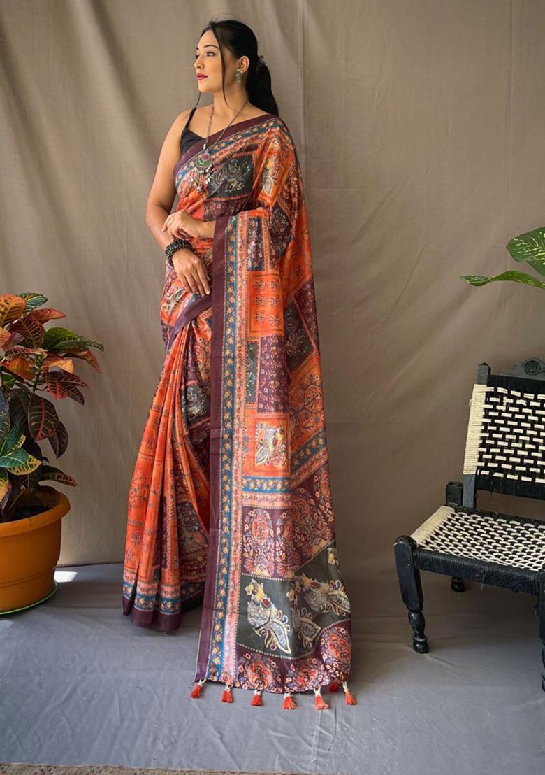 Orange Printed Cotton Saree Set