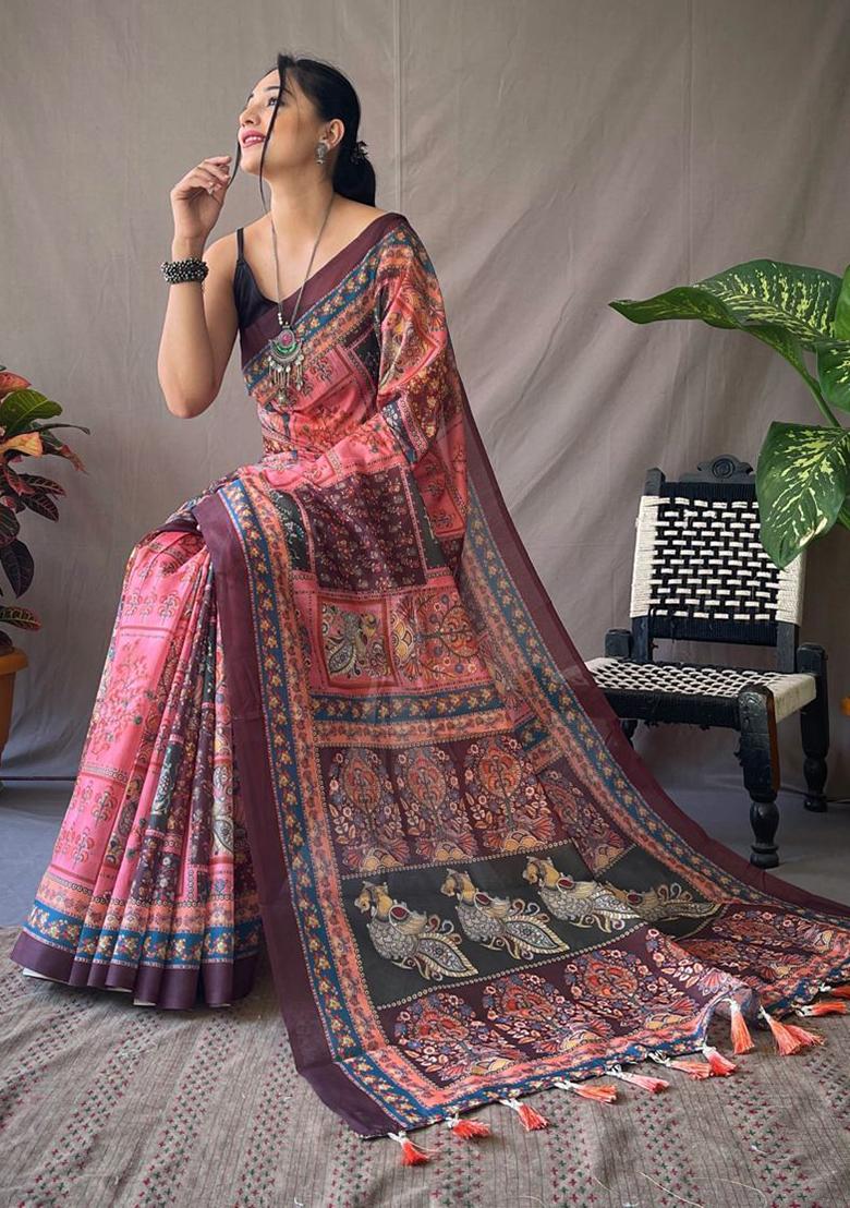 Maroon Printed Cotton Saree Set