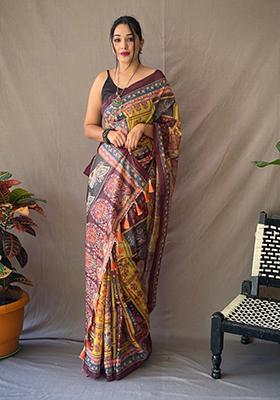 Yellow Printed Cotton Saree Set