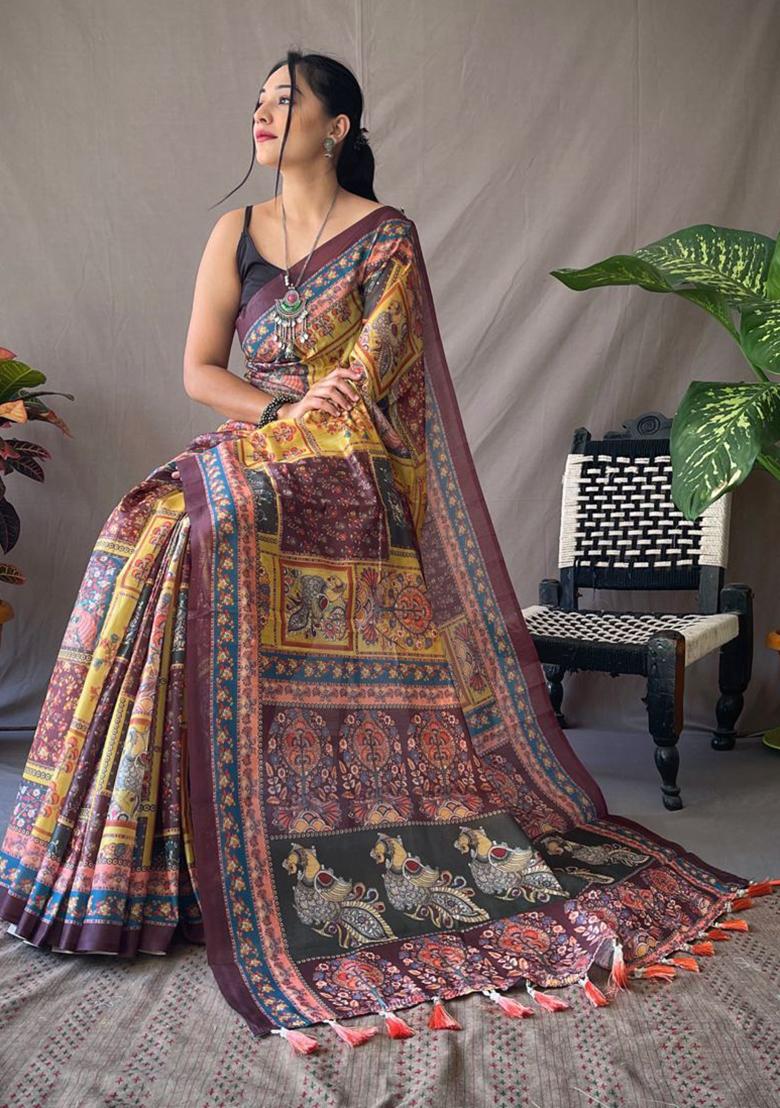 Yellow Printed Cotton Saree Set