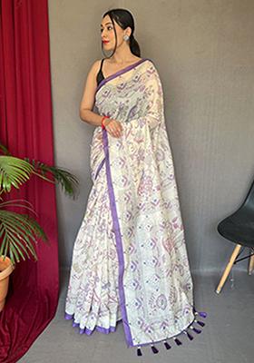 Purple Printed Cotton Saree Set