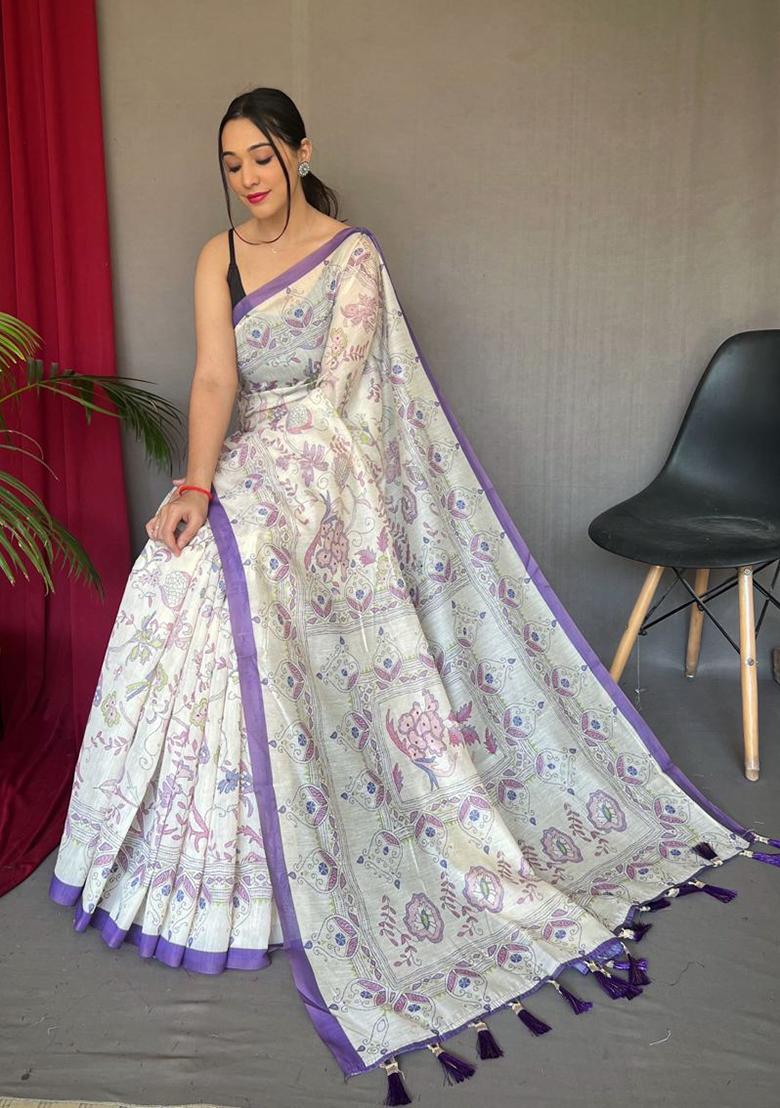 Purple Printed Cotton Saree Set