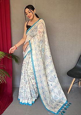 Blue Printed Cotton Saree Set