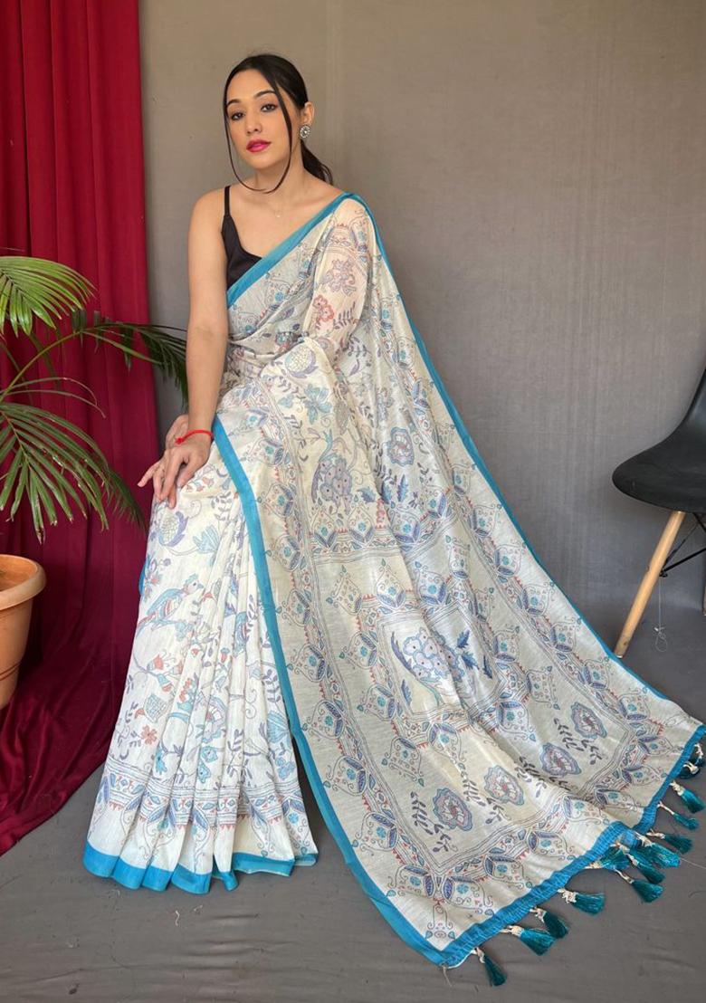 Blue Printed Cotton Saree Set