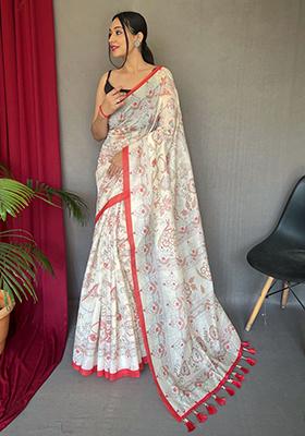 Red Printed Cotton Saree Set