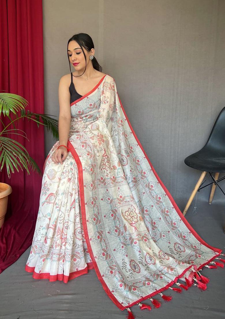 Red Printed Cotton Saree Set