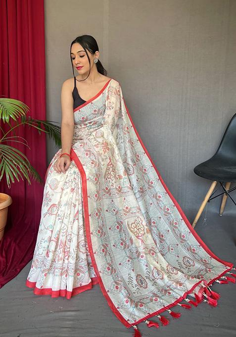 Red Printed Cotton Saree main image 1