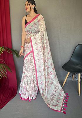 Pink Printed Cotton Saree Set
