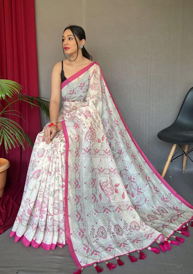 Pink Printed Cotton Saree Set