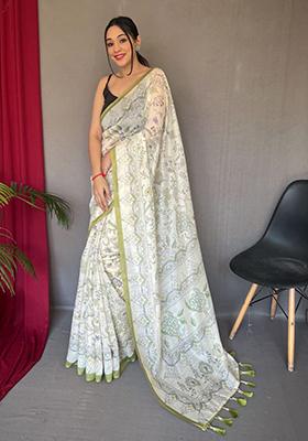 Parrot Green Printed Cotton Saree Set