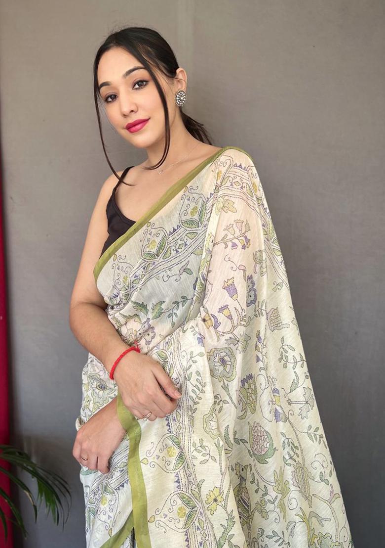 Parrot Green Printed Cotton Saree Set