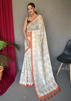 Orange Printed Cotton Saree Set