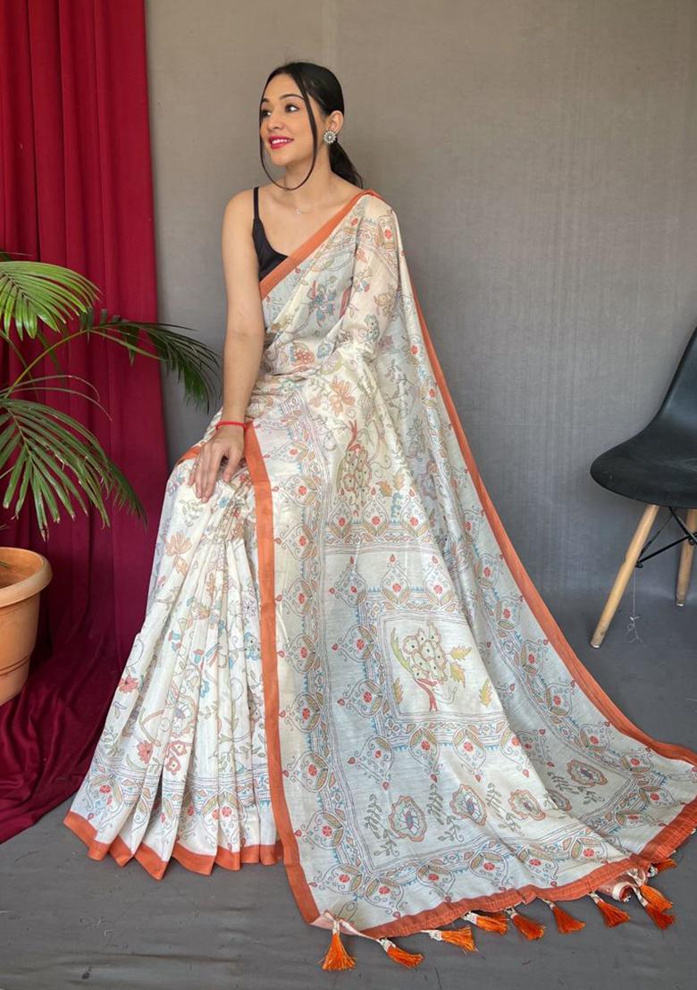 Orange Printed Cotton Saree Set