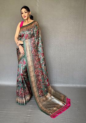 Green Printed Cotton Saree Set