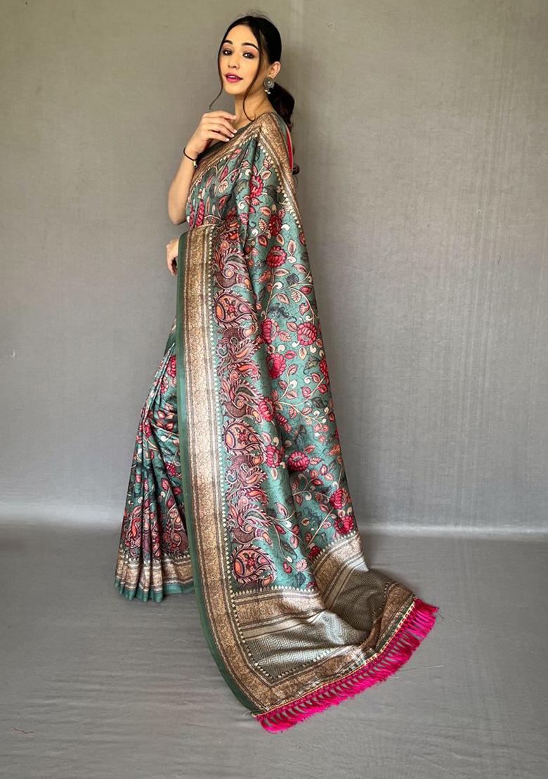 Green Printed Cotton Saree Set