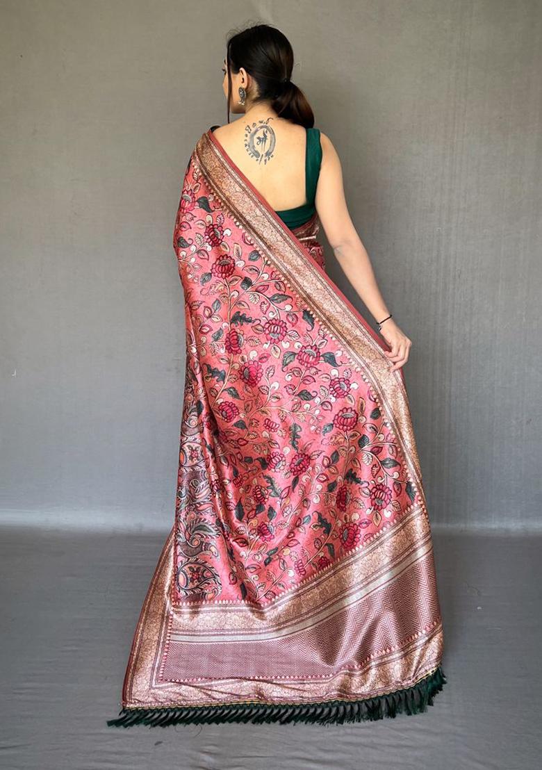 Red Printed Cotton Saree Set