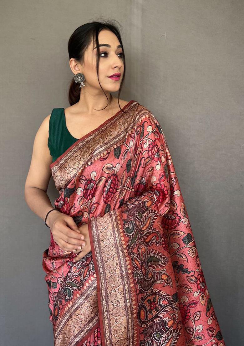 Red Printed Cotton Saree Set