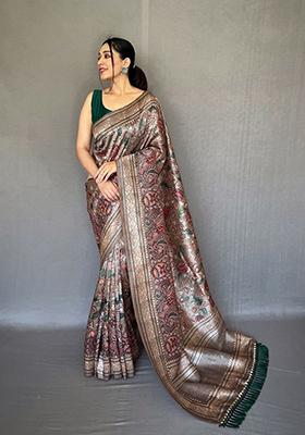 Grey Printed Cotton Saree Set