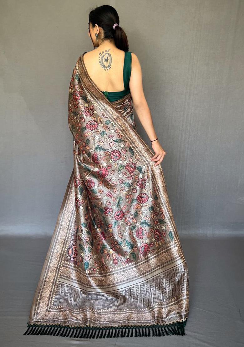 Grey Printed Cotton Saree Set
