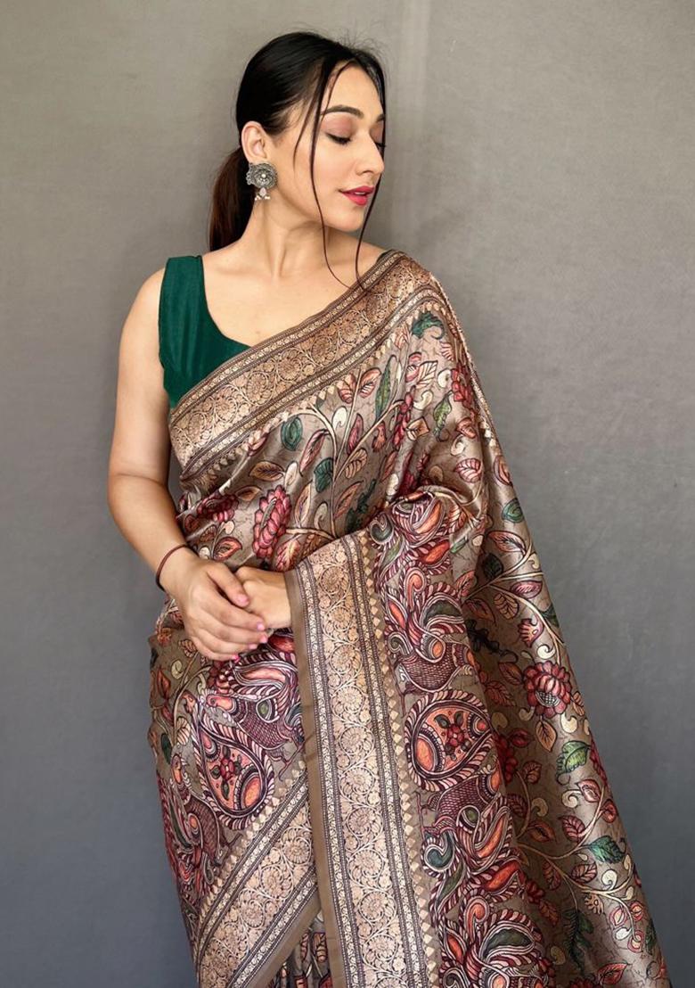 Grey Printed Cotton Saree Set