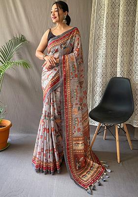 Grey Printed Cotton Saree Set