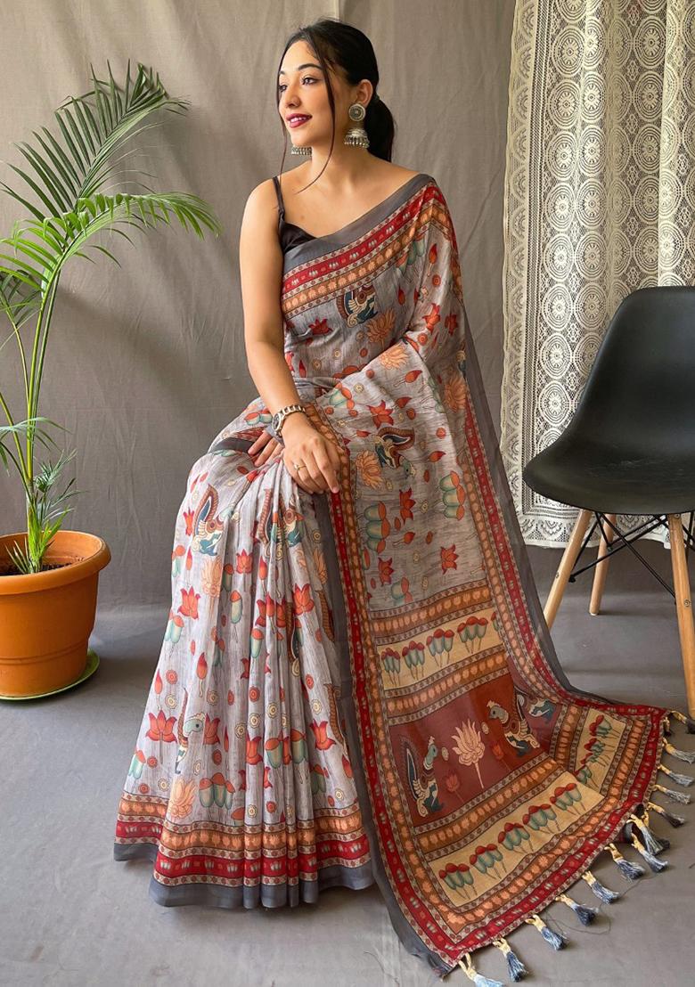 Grey Printed Cotton Saree Set