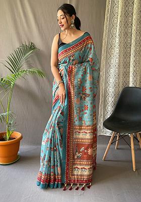 Blue Printed Cotton Saree Set